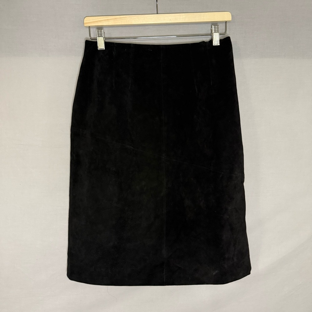 Dennis Basso  Suede A-Line Midi Skirt Size Medium Black‎ Goth Bohemian Boho
